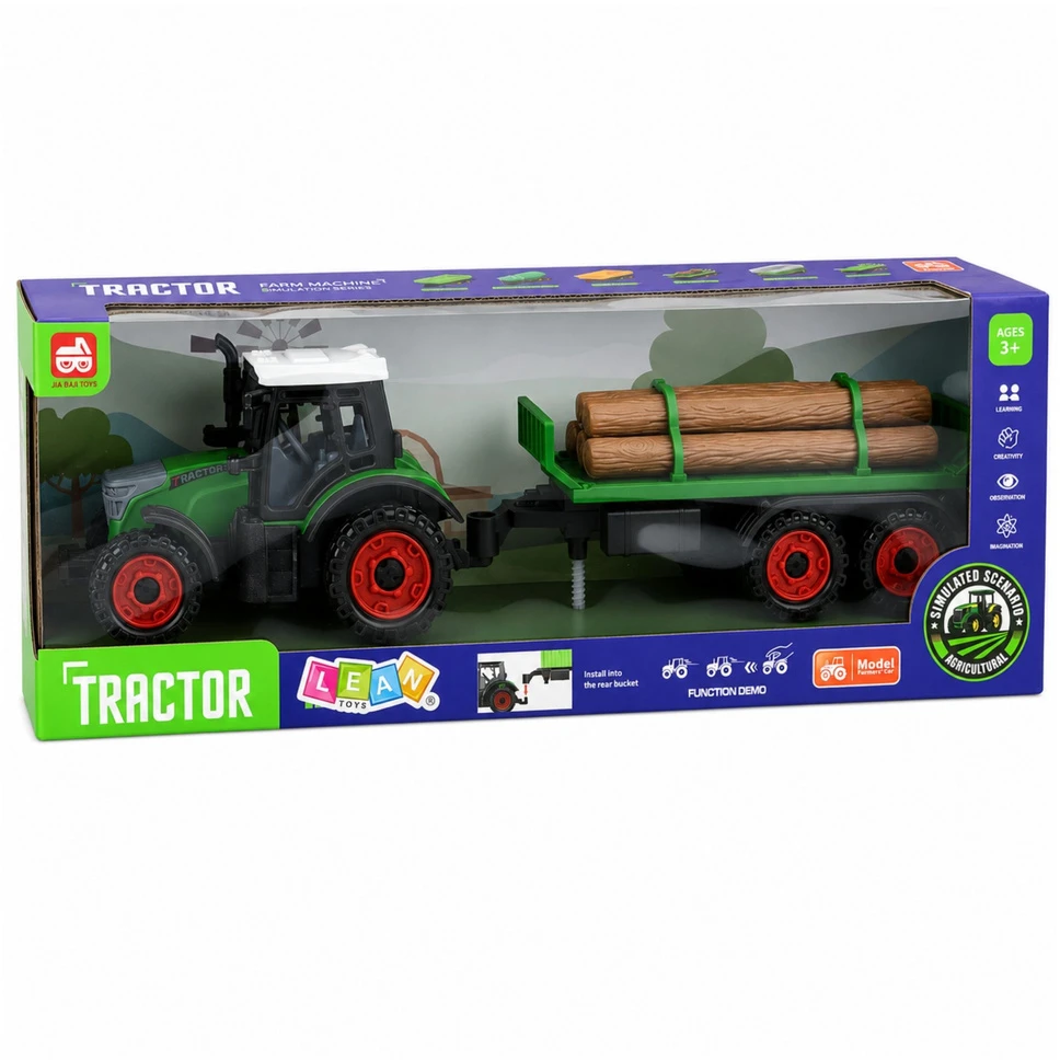 Lean Toys Žaislinis traktorius su dviejų ašių priekaba, frikcinė pavara, žalias, 35 x 10 x 7,5 cm
