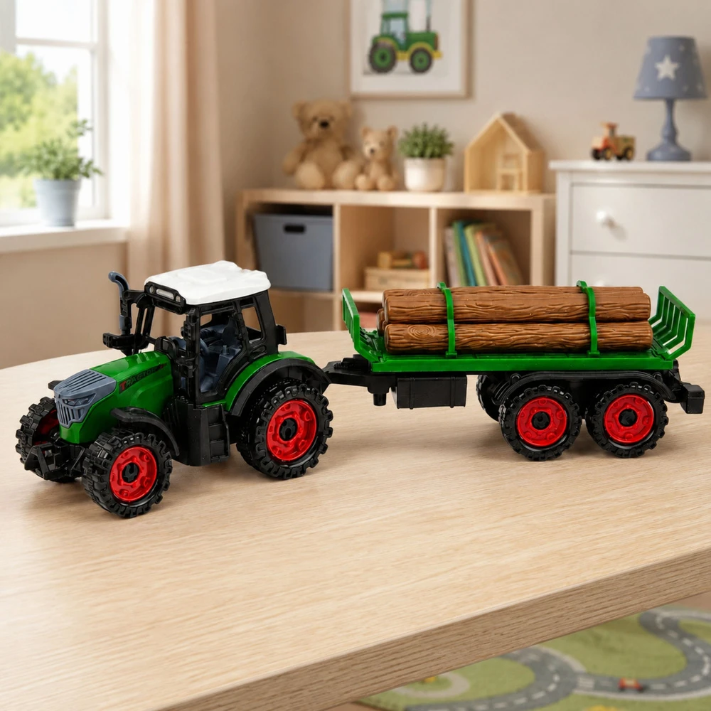 Lean Toys Žaislinis traktorius su dviejų ašių priekaba, frikcinė pavara, žalias, 35 x 10 x 7,5 cm