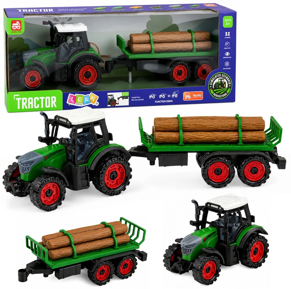 Lean Toys Žaislinis traktorius su dviejų ašių priekaba, frikcinė pavara, žalias, 35 x 10 x 7,5 cm