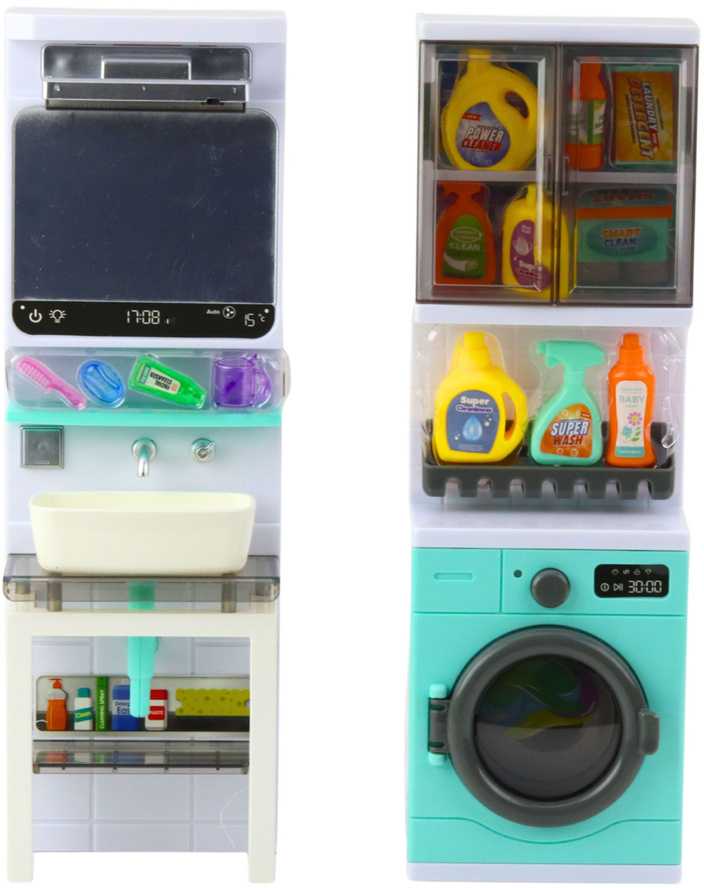 Lean Toys Žaislinis vonios kambarys su skalbimo mašina ir šviečiančiu veidrodžiu