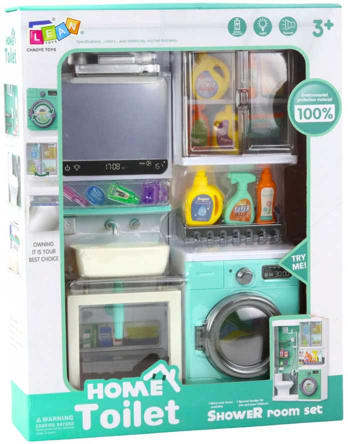 Lean Toys Žaislinis vonios kambarys su skalbimo mašina ir šviečiančiu veidrodžiu