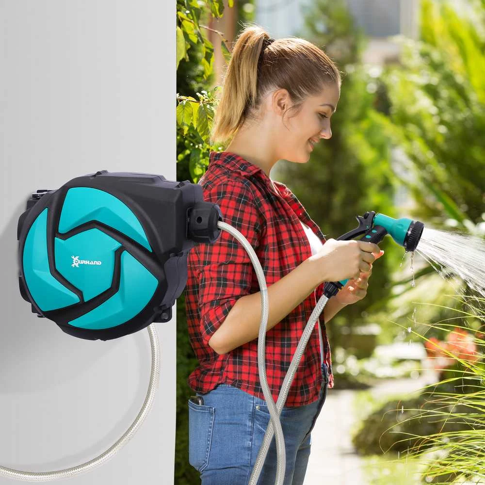DURHAND sieninė žarnos ritė, 180° pasukama, su purkštuvu, apsauga nuo šalčio -5–45 °C, plastikinė, žalia + juoda, 10 m