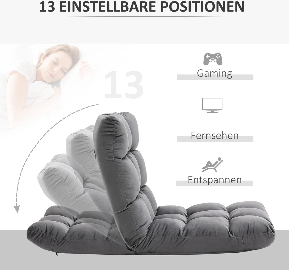 HOMCOM 3-in-1 sulankstoma grindų kėdė, reguliuojamas atlošas su 13 padėčių, sulankstomas gultas, sėdynės pagalvė, metalas, putplastis, 55 x 71 x 53,5 cm
