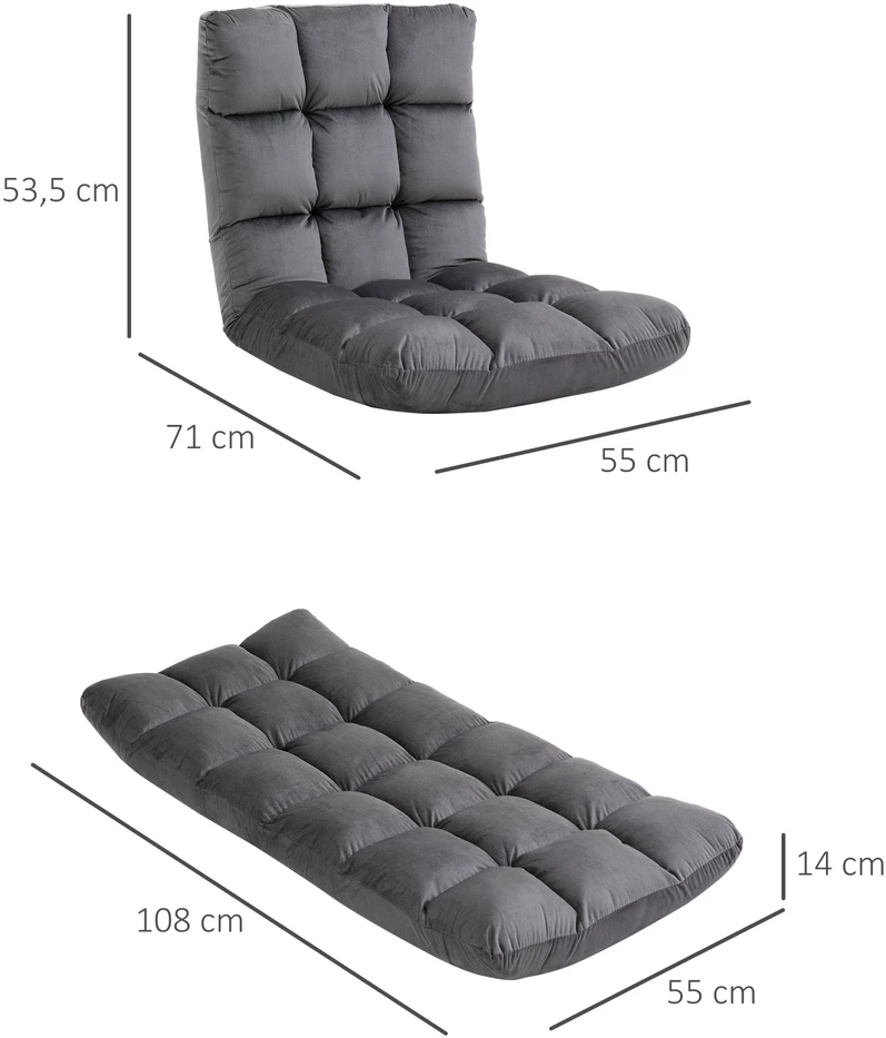 HOMCOM 3-in-1 sulankstoma grindų kėdė, reguliuojamas atlošas su 13 padėčių, sulankstomas gultas, sėdynės pagalvė, metalas, putplastis, 55 x 71 x 53,5 cm