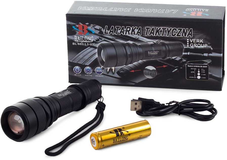 Žibintuvėlis Bailong 603 LED su CREE XM-L T6 dioda ir USB krovimu