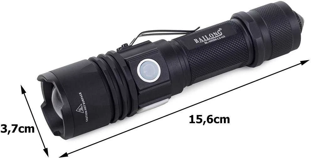 Žibintuvėlis Bailong W556 su CREE XM-L T6 dioda ir USB įkrovimu