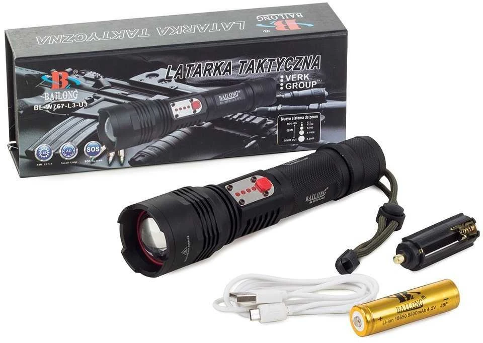 Žibintuvėlis Bailong W767 su CREE XM-L T6 dioda ir USB įkrovimu