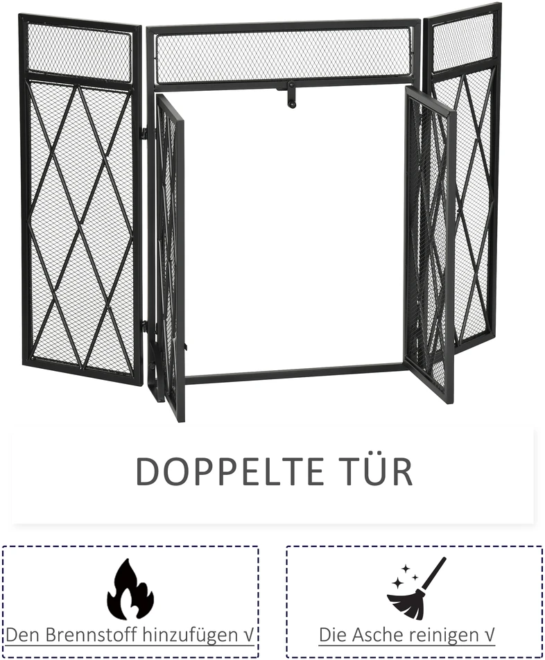 "HOMCOM" "Spark protection" 3 dalių dizaino kaltinės geležies židinio ekranas Židinio apsauga nuo kibirkščių metalinė juoda 120 x 79 cm