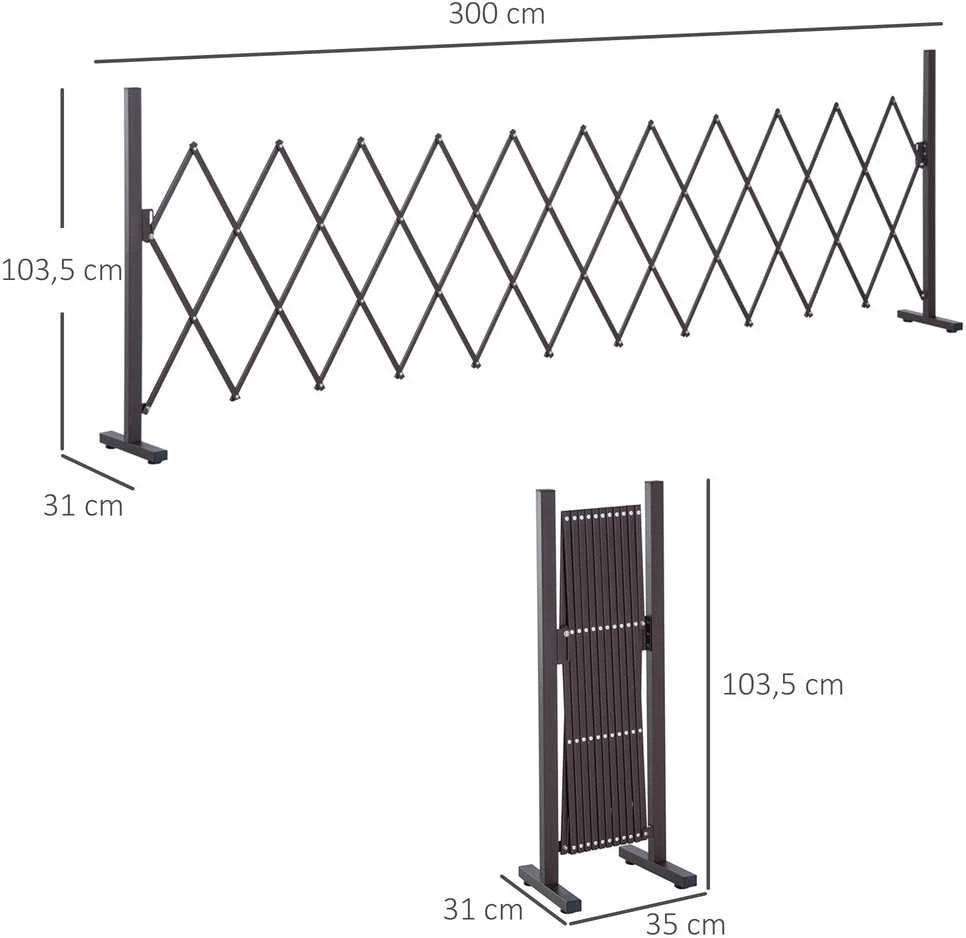 Ištraukiama Outsunny žirklinė tvorelė, 35–300 cm, idealiai tinka sodui, aliuminis, ruda, aukštis 103,5 cm