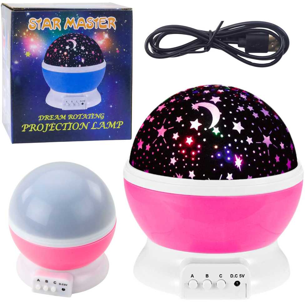 Lean Toys Žvaigždžių projektorius su LED naktine lempa, 360° sukimas, 11.2 x 13 cm, rožinė
