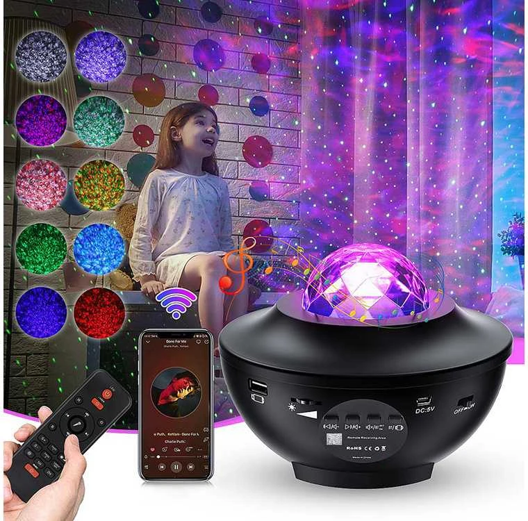 Žvaigždžių projektorius su LED RGB ir nuotolinio valdymo pultu