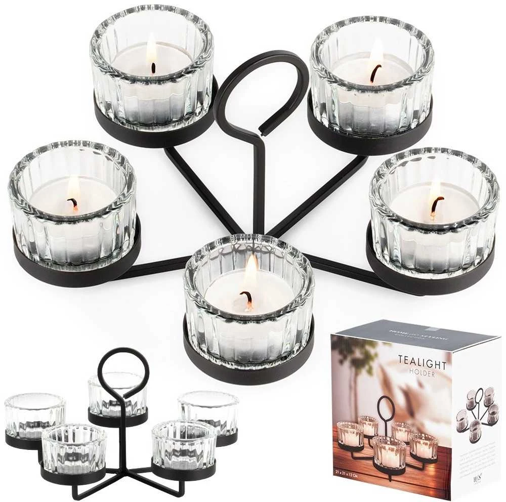 Home Styling Collection Žvakių laikiklis su stikliniais indeliais, 5 arbatos žvakėms, 21x21x12 cm