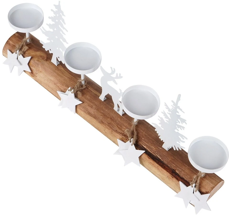Home Styling Collection Žvakidė medinė balta 4 žvakėms 40x6x16,5 cm