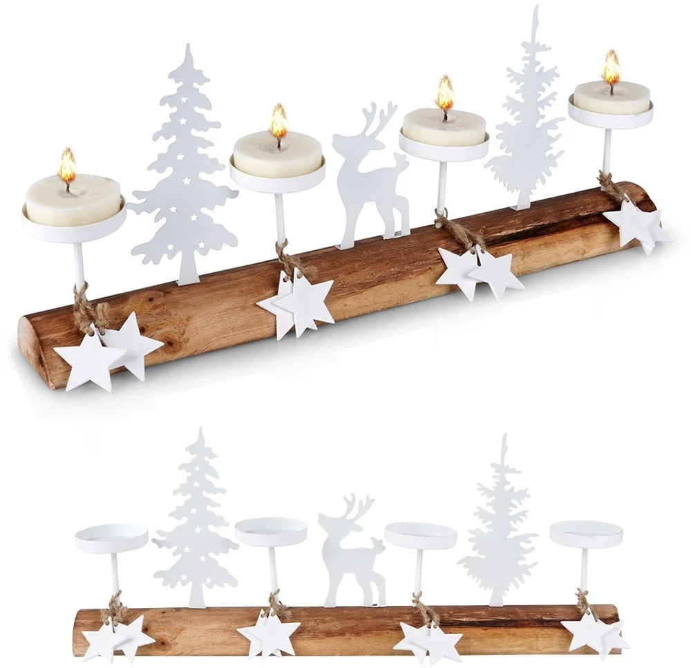 Home Styling Collection Žvakidė medinė balta 4 žvakėms 40x6x16,5 cm