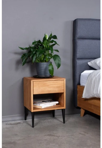 OAKY 39cm Ąžuolinė spintelė prie lovos, metalinėmis kojelėmis : Apdaila - Aliejuota bespalviu linų sėmenų aliejumi, Aukštis - 52cm