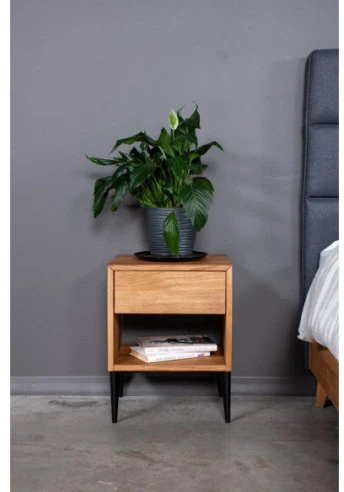 OAKY 39cm Ąžuolinė spintelė prie lovos, metalinėmis kojelėmis : Apdaila - Aliejuota bespalviu linų sėmenų aliejumi, Aukštis - 52cm