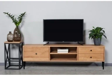RETRO 160cm Ąžuolinis TV staliukas metalinėmis kojelėmis : Apdaila - Be apdailos, Aukštis - 50cm