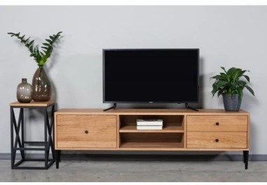 RETRO 160cm Ąžuolinis TV staliukas metalinėmis kojelėmis : Apdaila - Be apdailos, Aukštis - 50cm