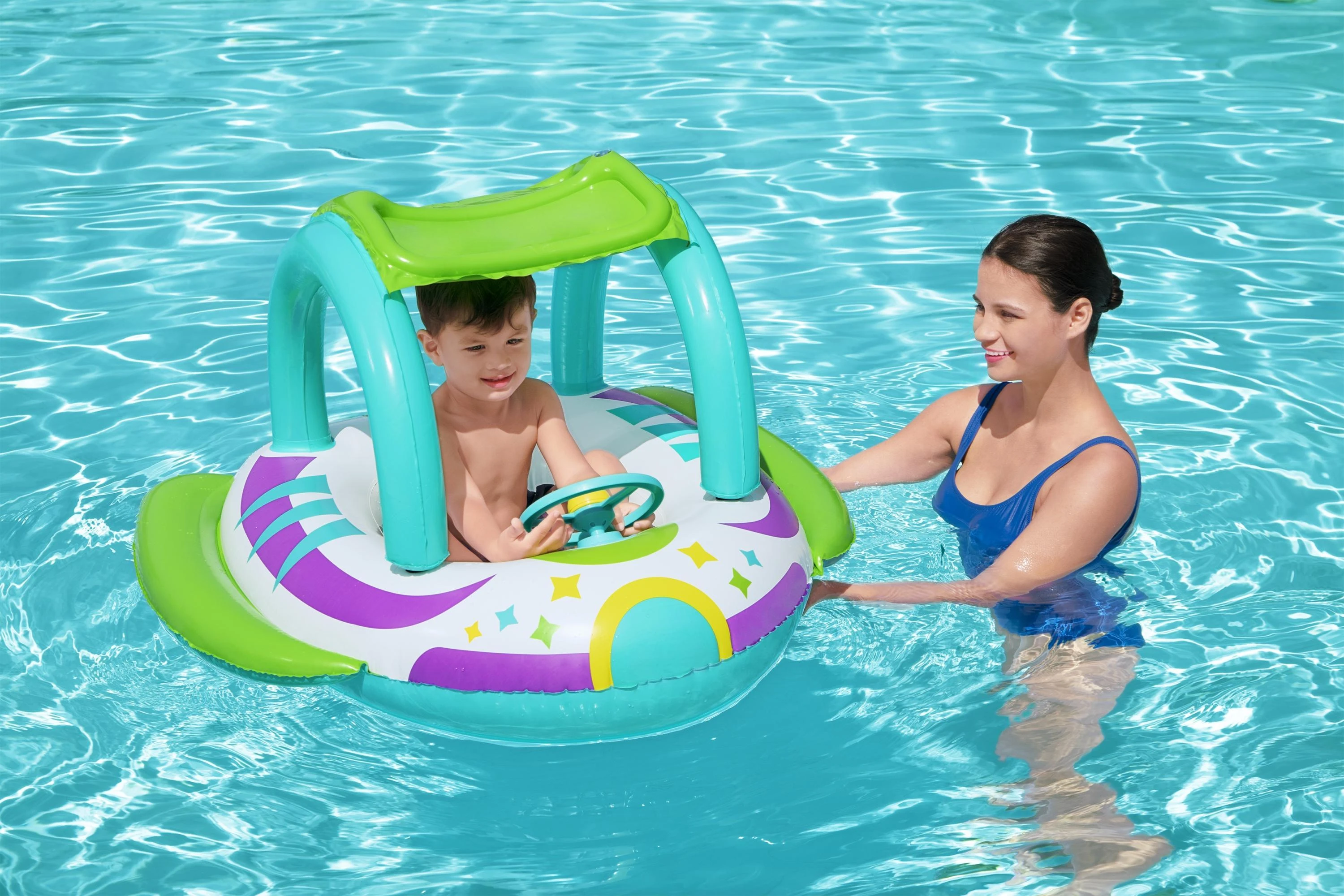 BESTWAY pripučiamas vaikiškas plaustas su stogeliu Space Splash, 1.07m x 1.12m, 34149