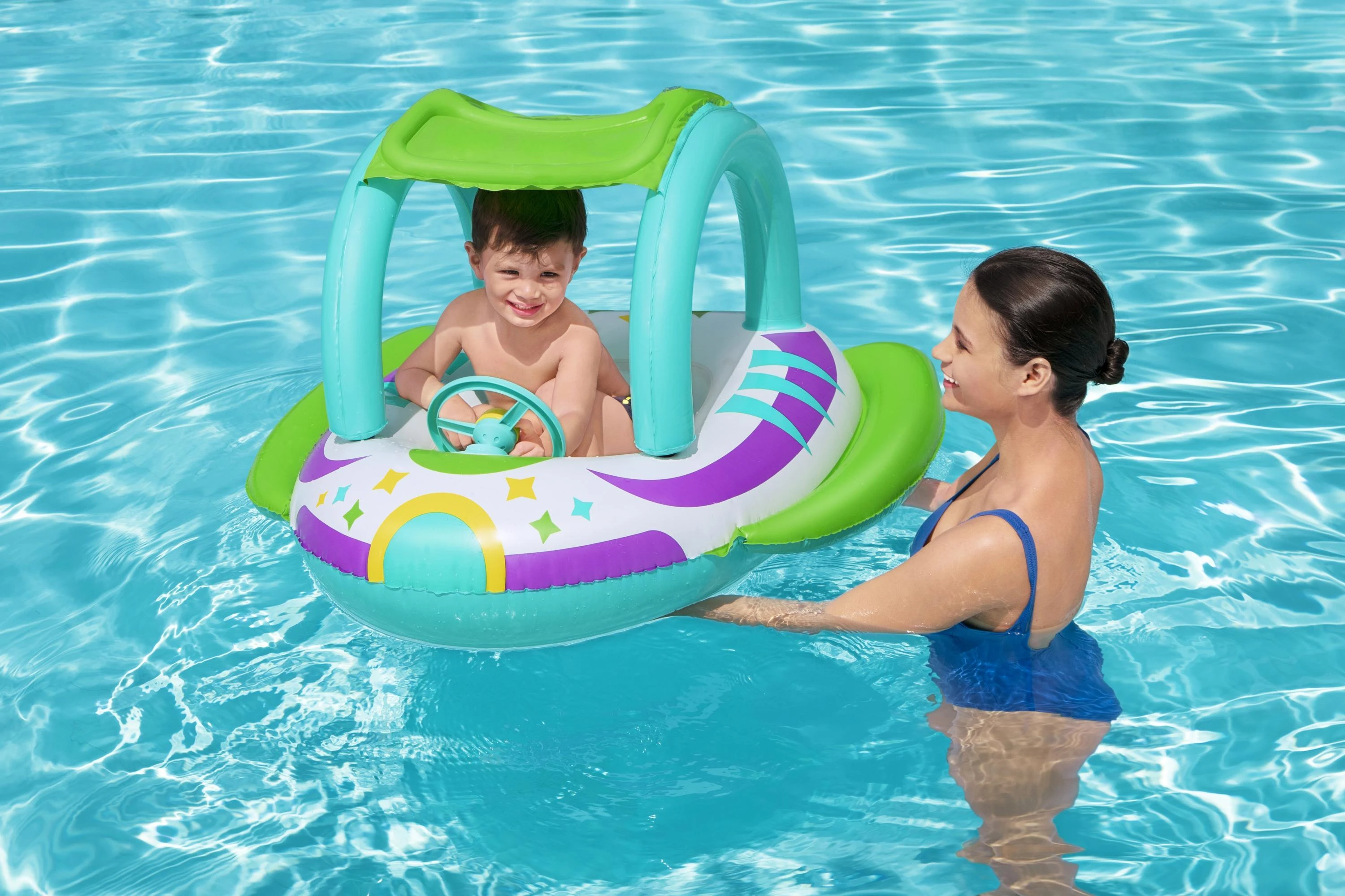 BESTWAY pripučiamas vaikiškas plaustas su stogeliu Space Splash, 1.07m x 1.12m, 34149