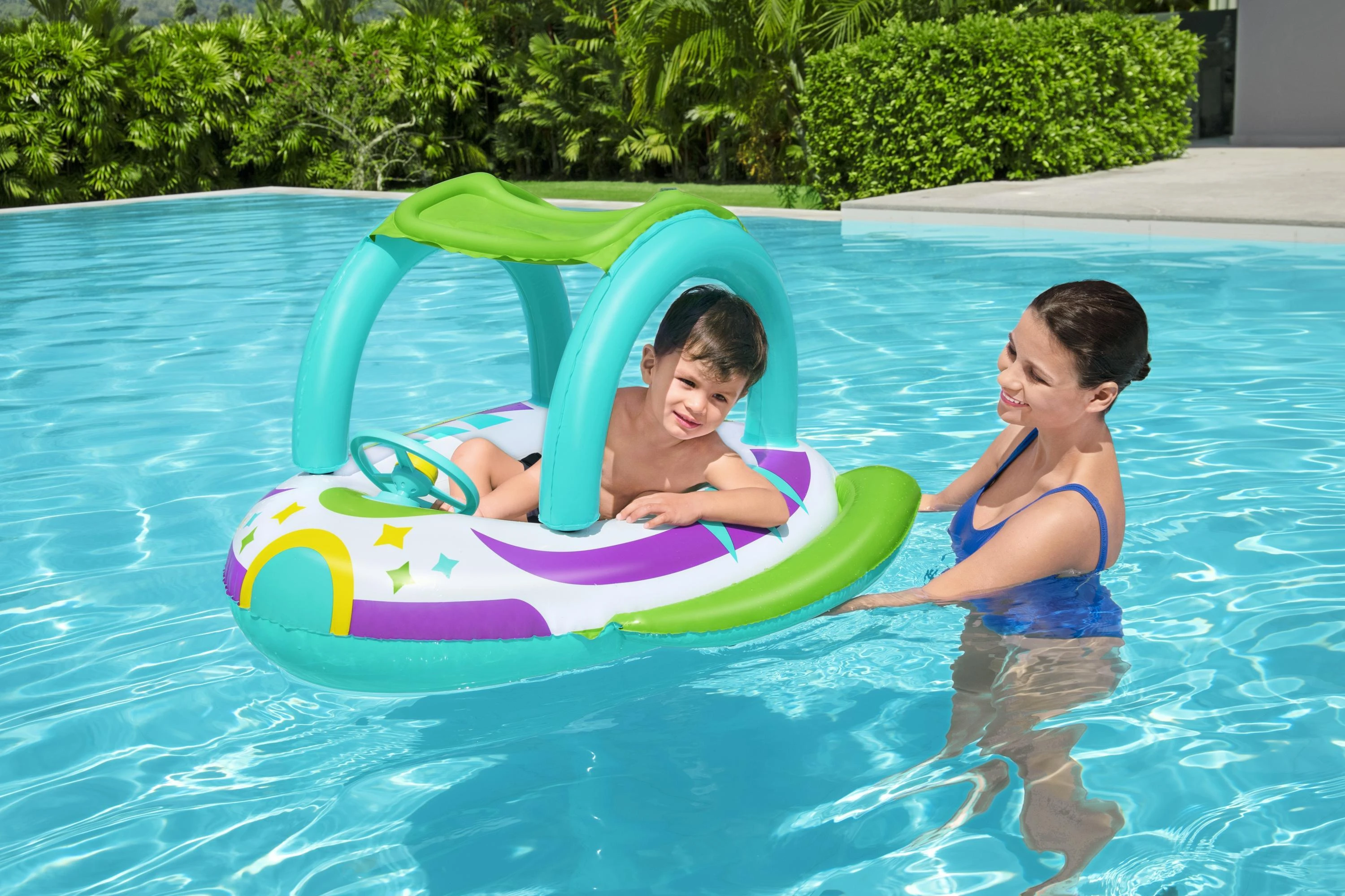BESTWAY pripučiamas vaikiškas plaustas su stogeliu Space Splash, 1.07m x 1.12m, 34149