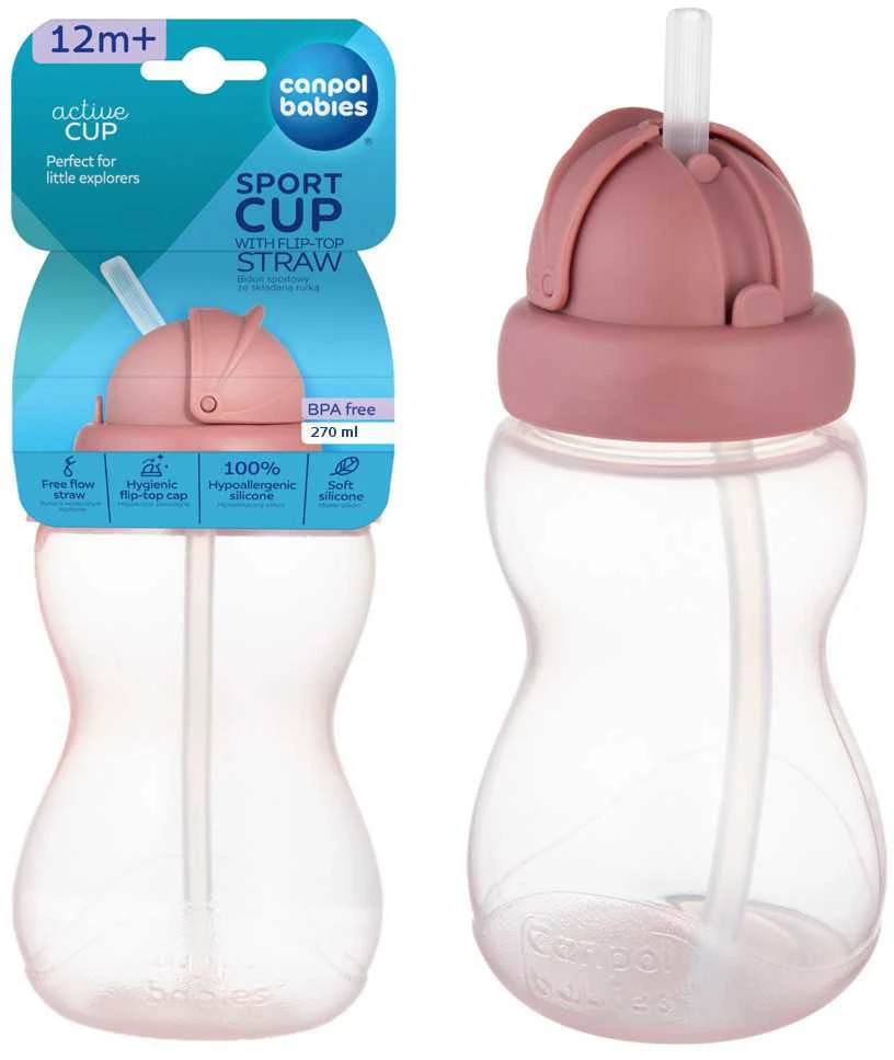 CANPOL 56/109_pin2 vandens butelis su sulankstomu silikoniniu vamzdeliu, 270 ml, rožinis