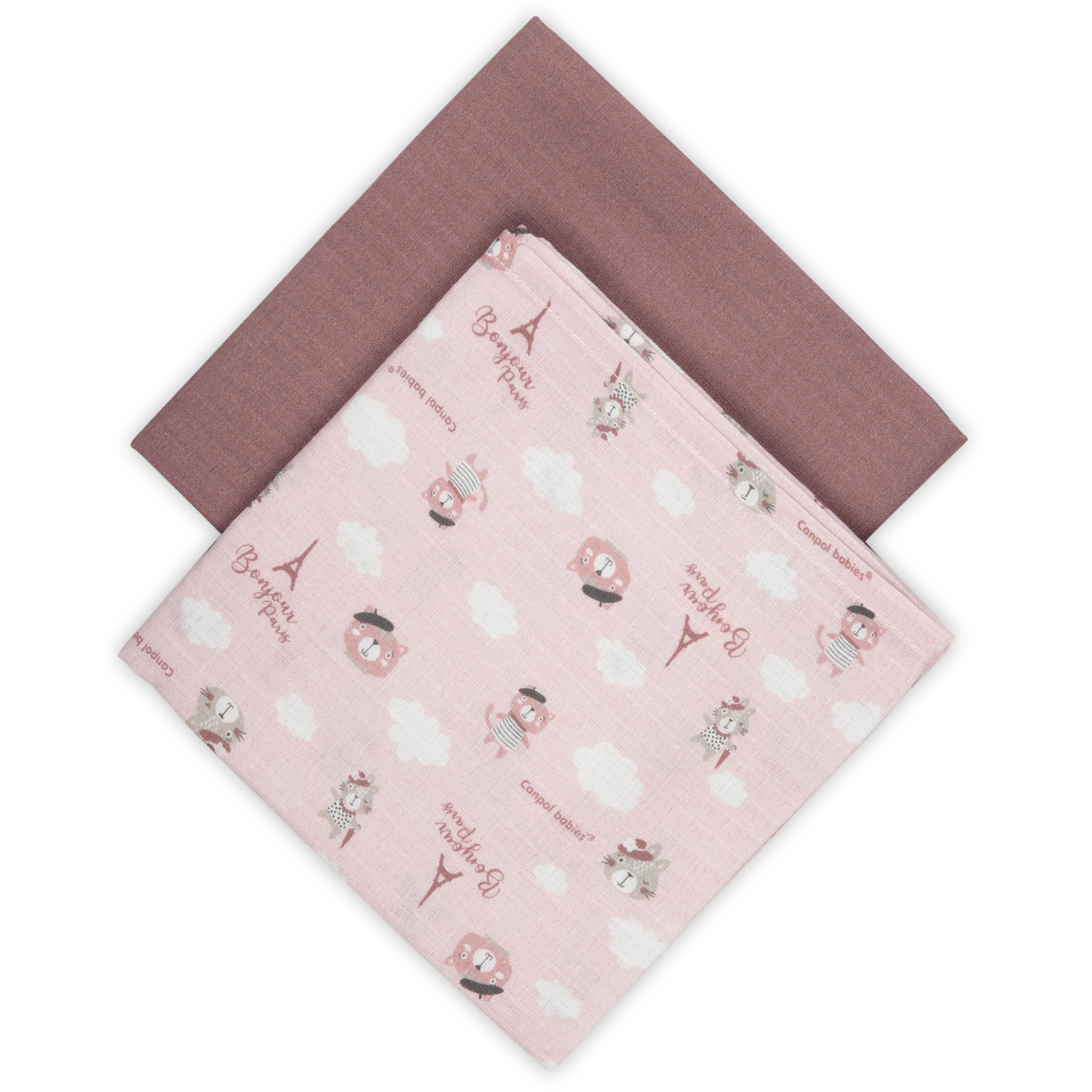 Canpolbabies CANPOL BABIES muslino vystyklas BONJOUR PARIS, 0m+, 70x70 cm, 2 vnt., pink, 26/901_pin