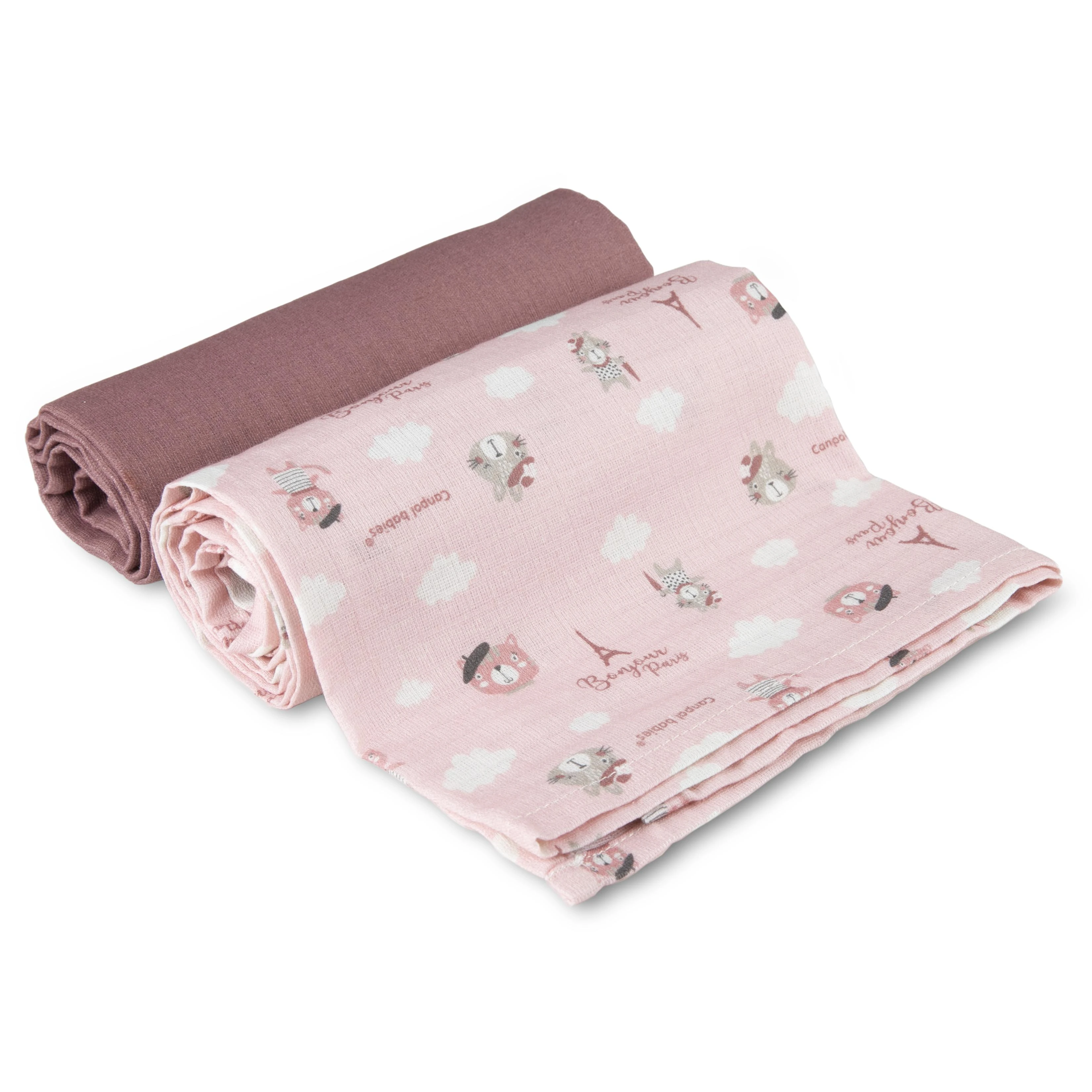 Canpolbabies CANPOL BABIES muslino vystyklas BONJOUR PARIS, 0m+, 70x70 cm, 2 vnt., pink, 26/901_pin