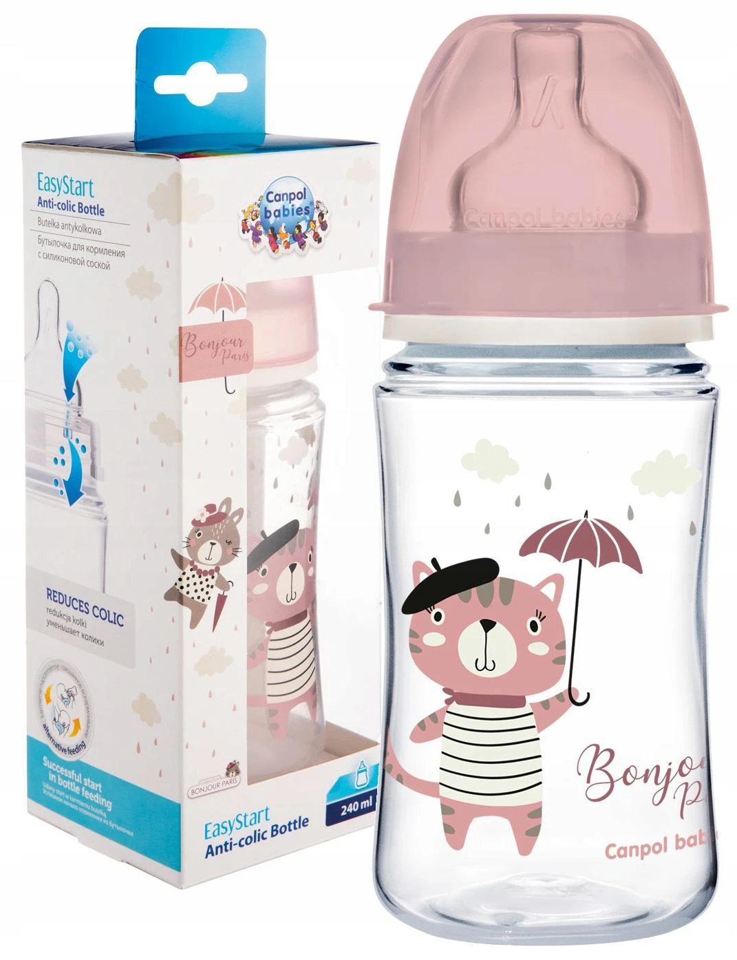 Vaikiškas buteliukas Canpol Babies 240ml su katės piešiniu