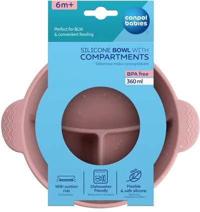 CANPOL BABIES silikoninis neslystantis dubenėlis DOTS, 3 skyrių, 360 ml, 51/403_pink