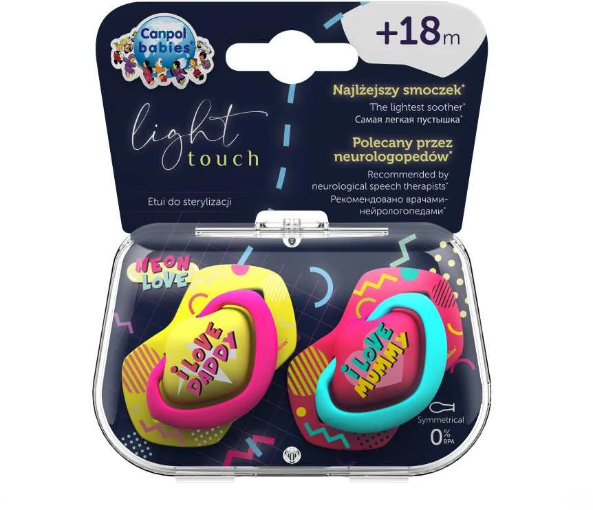 CANPOL BABIES silikoninis simetrinis čiulptukas NEON LOVE, 18 mėn.+, 2 vnt., 22/654_pin
