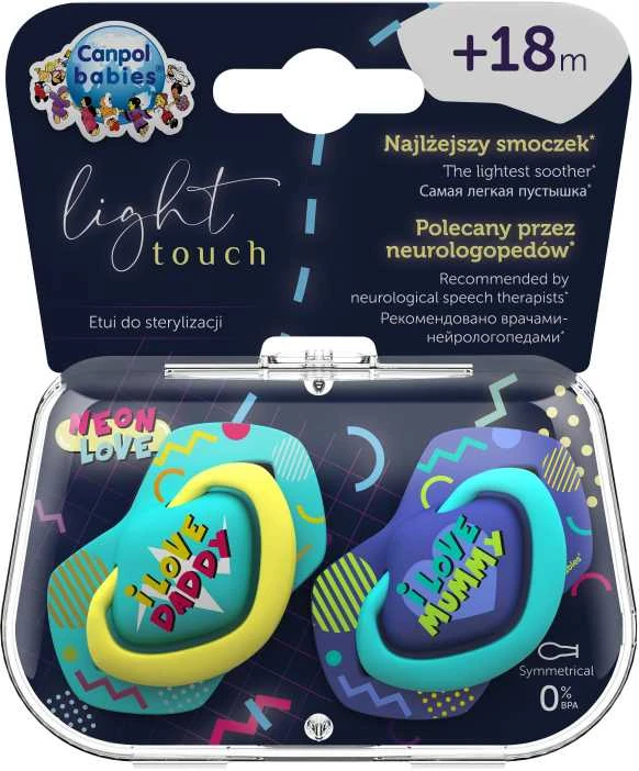 CANPOL BABIES silikoninis simetrinis čiulptukas NEON LOVE, 18 mėn.+, 2 vnt., 22/654_blu