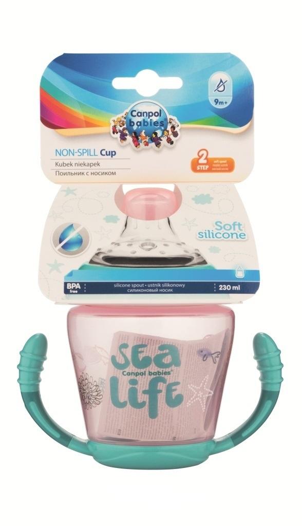 Canpolbabies CANPOL BABIES neišsipilantis puodelis su mikštu silikoniniu snapeliu Sea life, 230ml rožinis, 56/501_pin