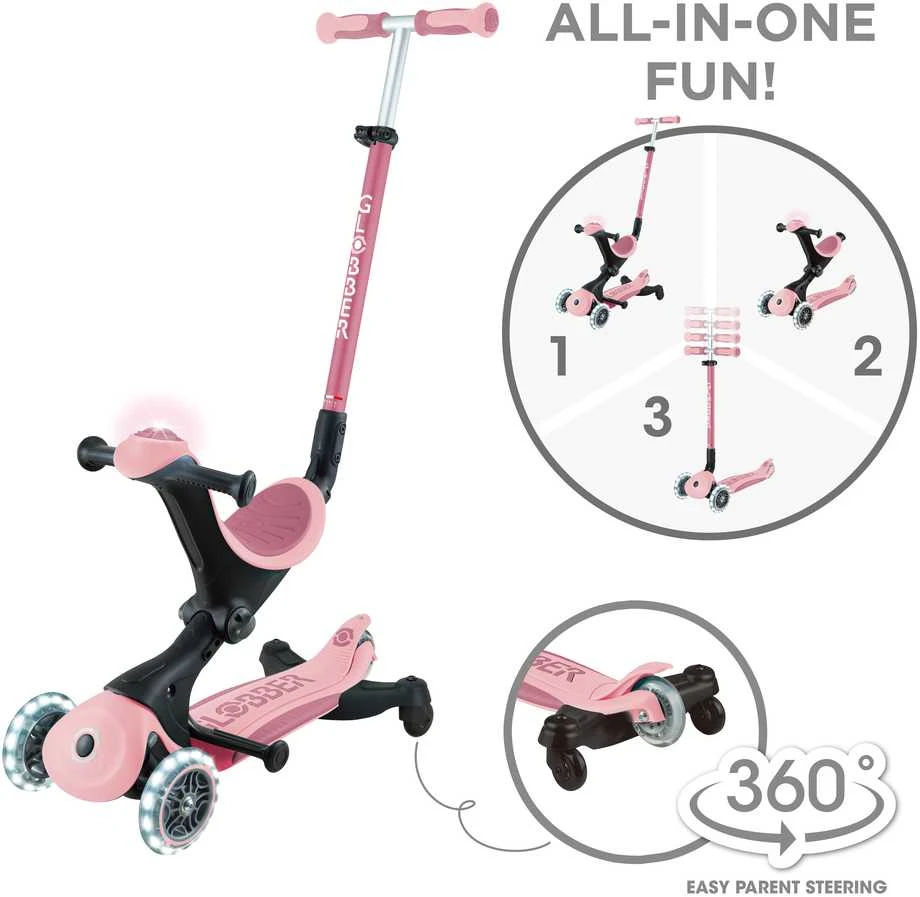 Paspirtukas GLOBBER Go Up Deluxe Lights, pastelinis rožinis