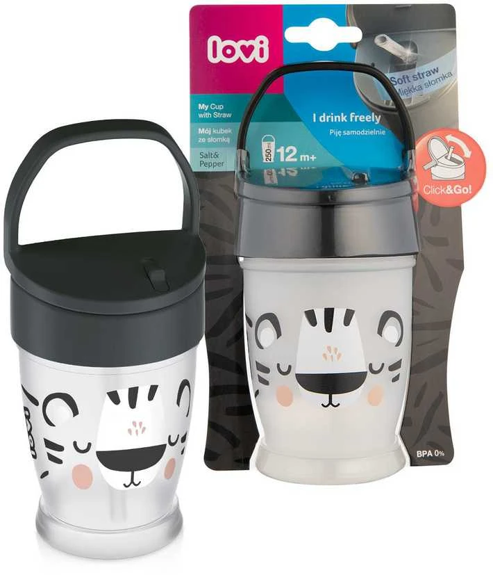 LOVI puodelis su šiaudeliu JUNIOR Salt&Pepper, 250 ml, 35/356
