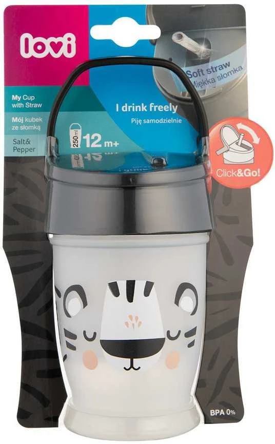 LOVI puodelis su šiaudeliu JUNIOR Salt&Pepper, 250 ml, 35/356