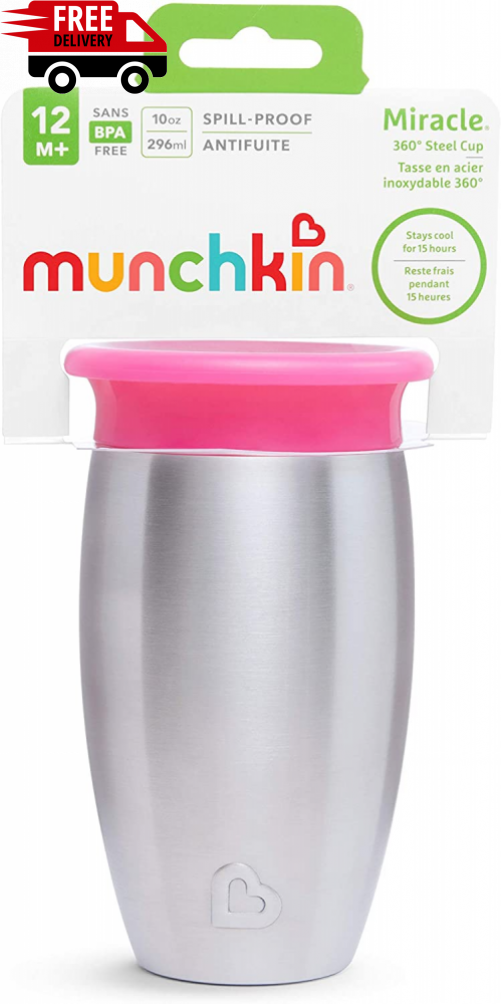 MUNCHKIN nerūdijančio plieno puodelis, Miracle 360, rožinės spalvos, 12mėn+, 296ml, 01245101