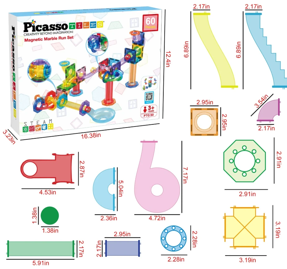 PICASSO TILES Magnetinis konstruktorius Marble run 60 det., PTG60