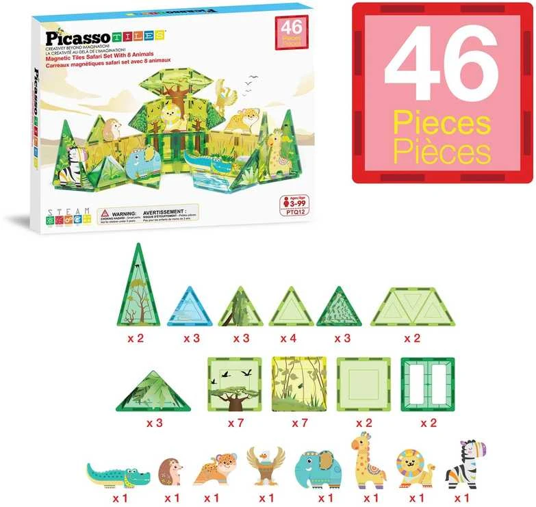 PICASSO TILES Magnetinis konstruktorius su 8 gyvūnais Safari 46 det., PTQ12