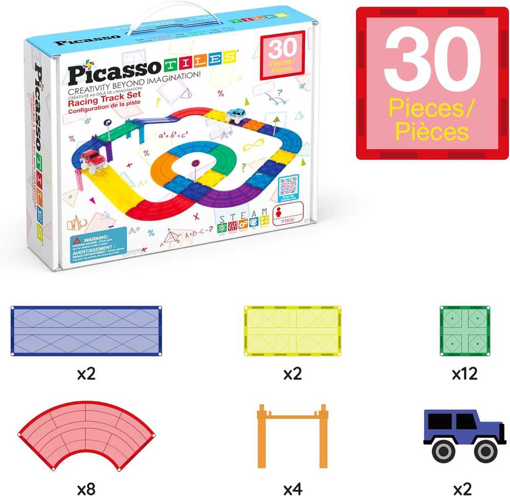 Picasso Tiles PicassoTiles Magnetinis automobilių takelis Picasso plytelės magnetiniai blokai 30 elementų dideli