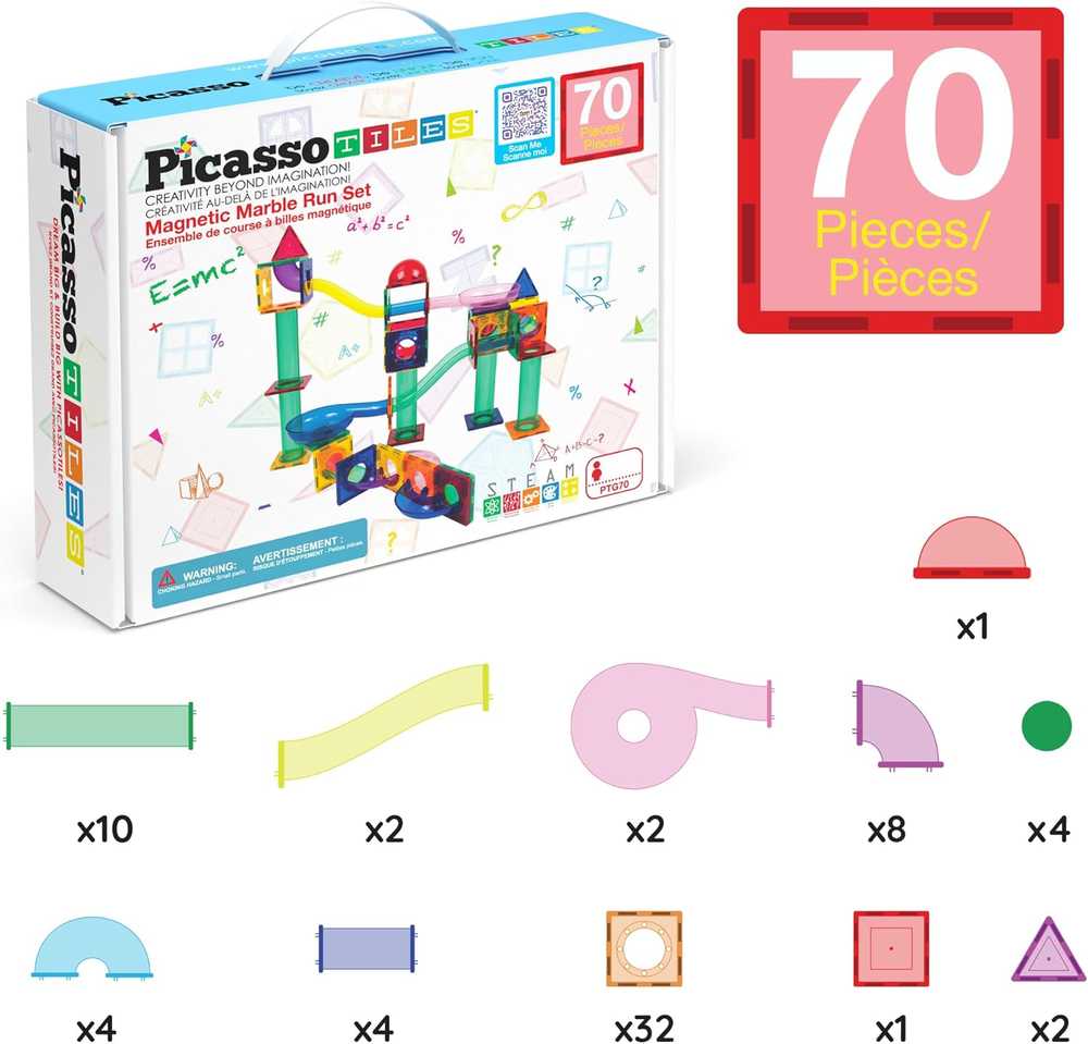 Picasso Tiles PicassoTiles PICASSO MAGNETINIAI KALULAI Kamuoliukų takelis vaikams, 70 elementų