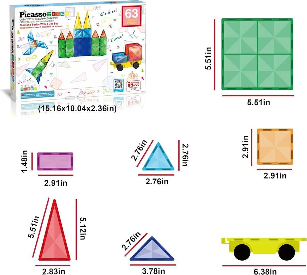 PICASSO TILES Magnetinis konstruktorius su 1 automobiliu 63 det., PT63