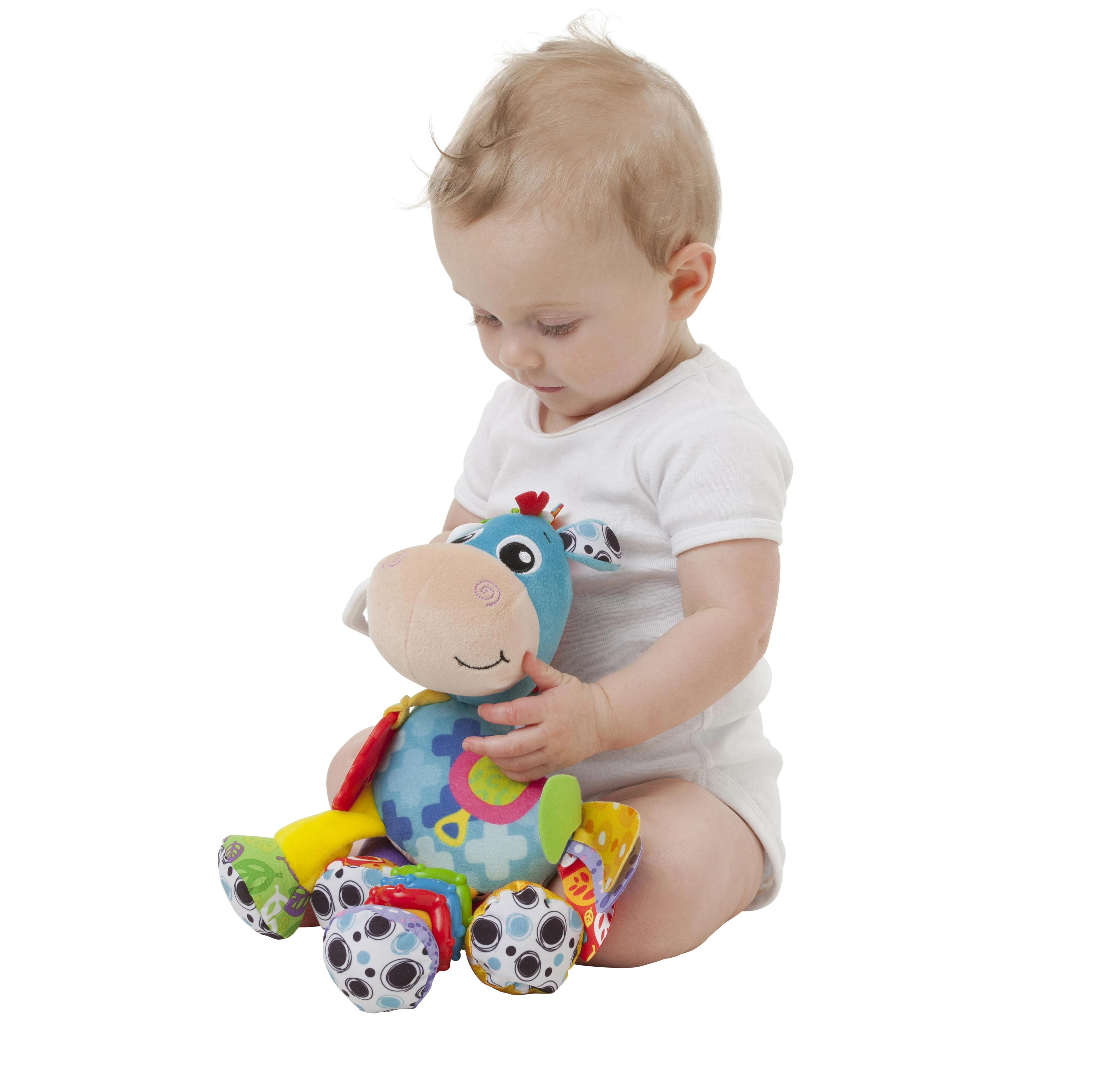 Playgro Clip Clop žaislas kūdikio rankose