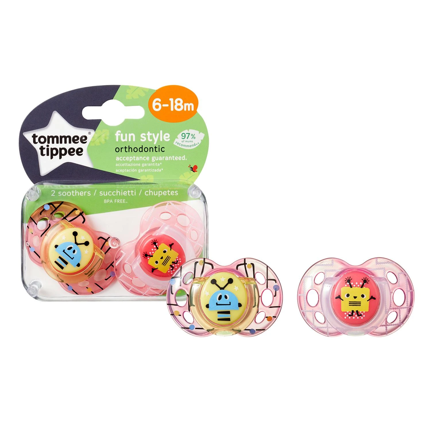 TOMMEE TIPPEE silikoninis čiulptukas FUN STYLE, 6-18 mėn., 2 vnt., 433651