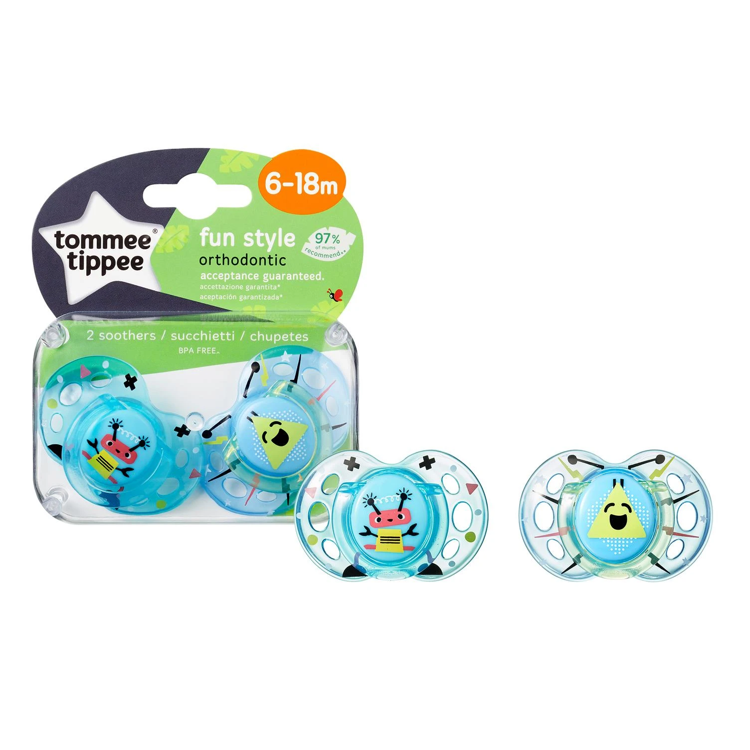 TOMMEE TIPPEE silikoninis čiulptukas FUN STYLE, 6-18 mėn., 2 vnt., 433651
