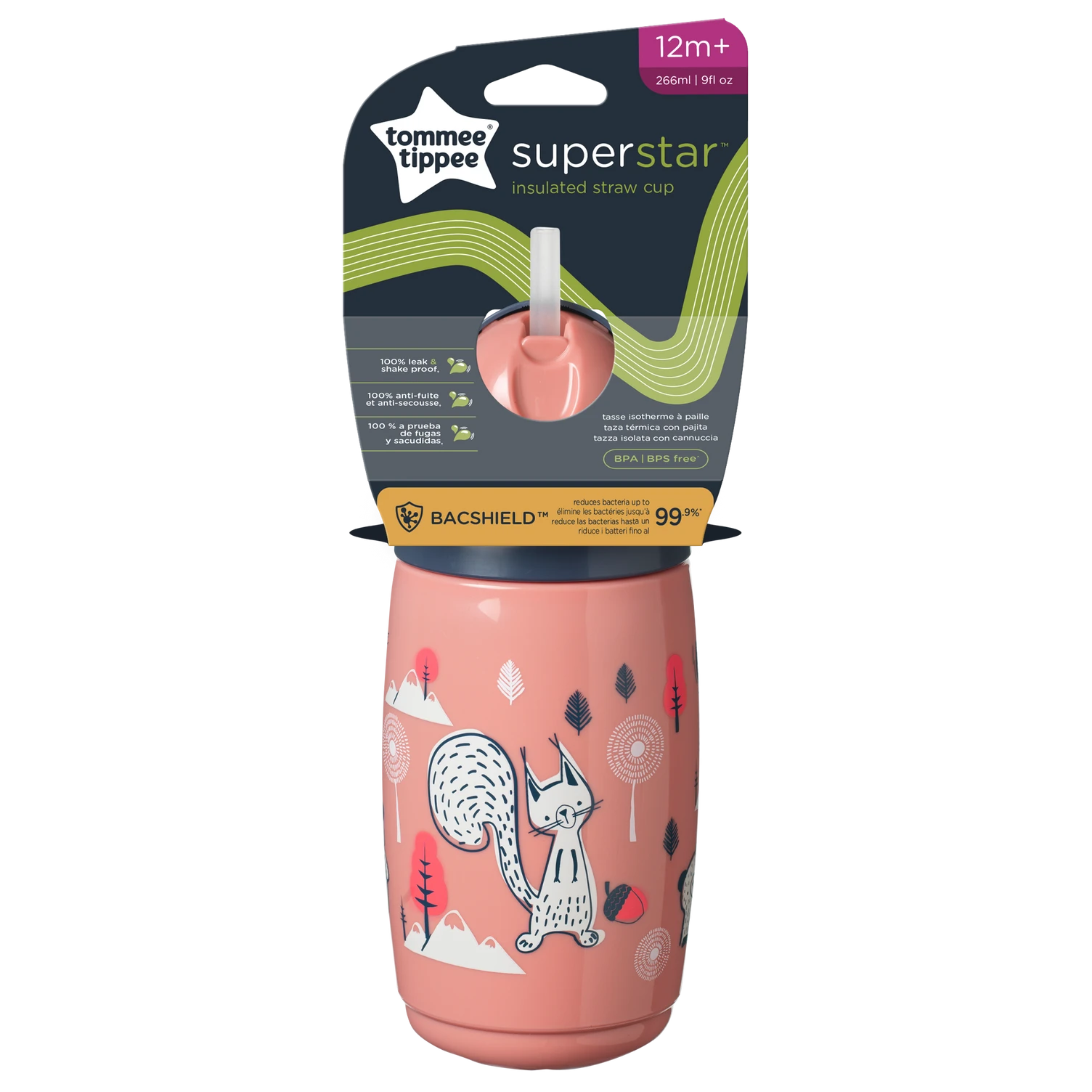 TOMMEE TIPPEE gertuvė su šiaudeliu INSULATED STRAW 266ml, 12m+, pink, 448017