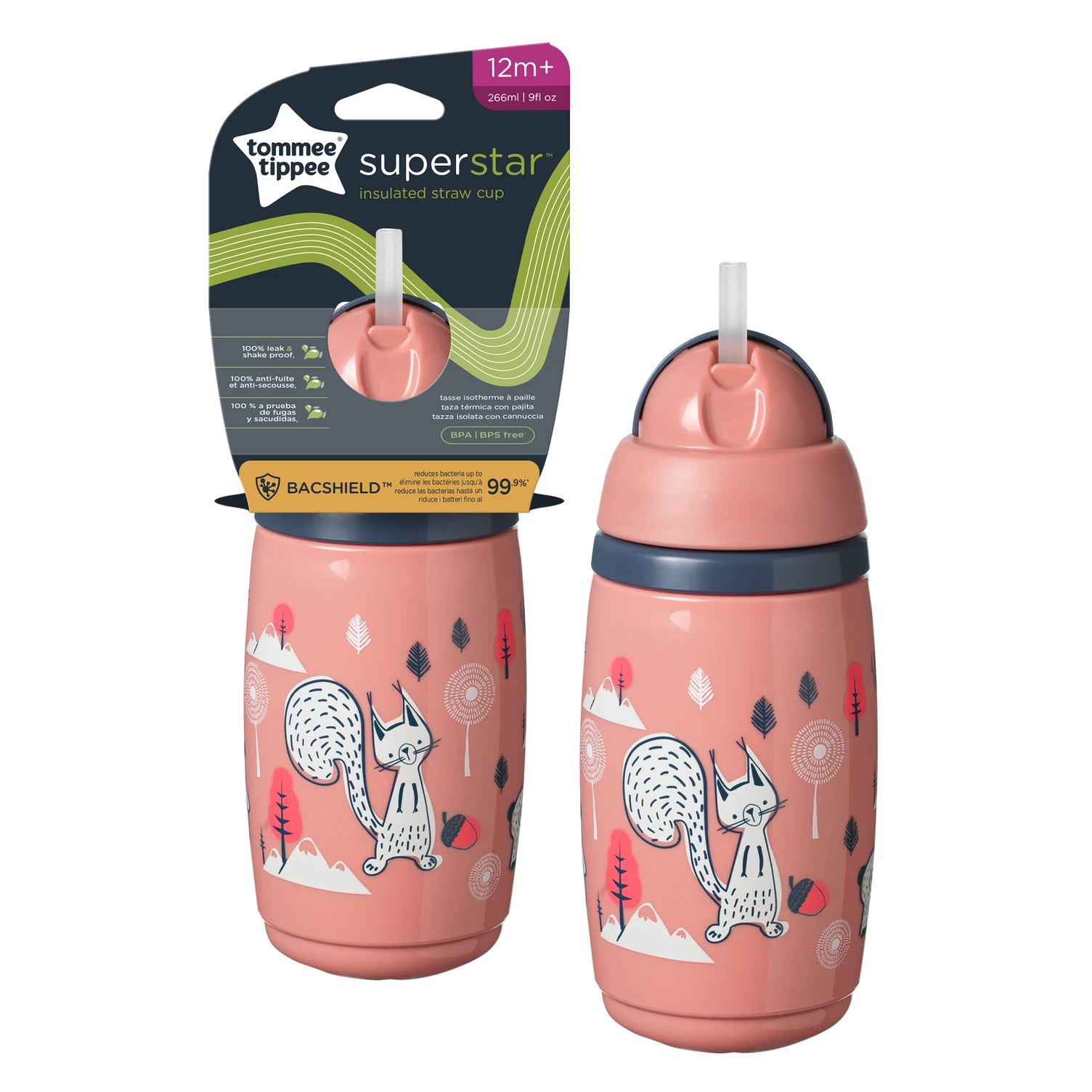 TOMMEE TIPPEE gertuvė su šiaudeliu INSULATED STRAW 266ml, 12m+, pink, 448017
