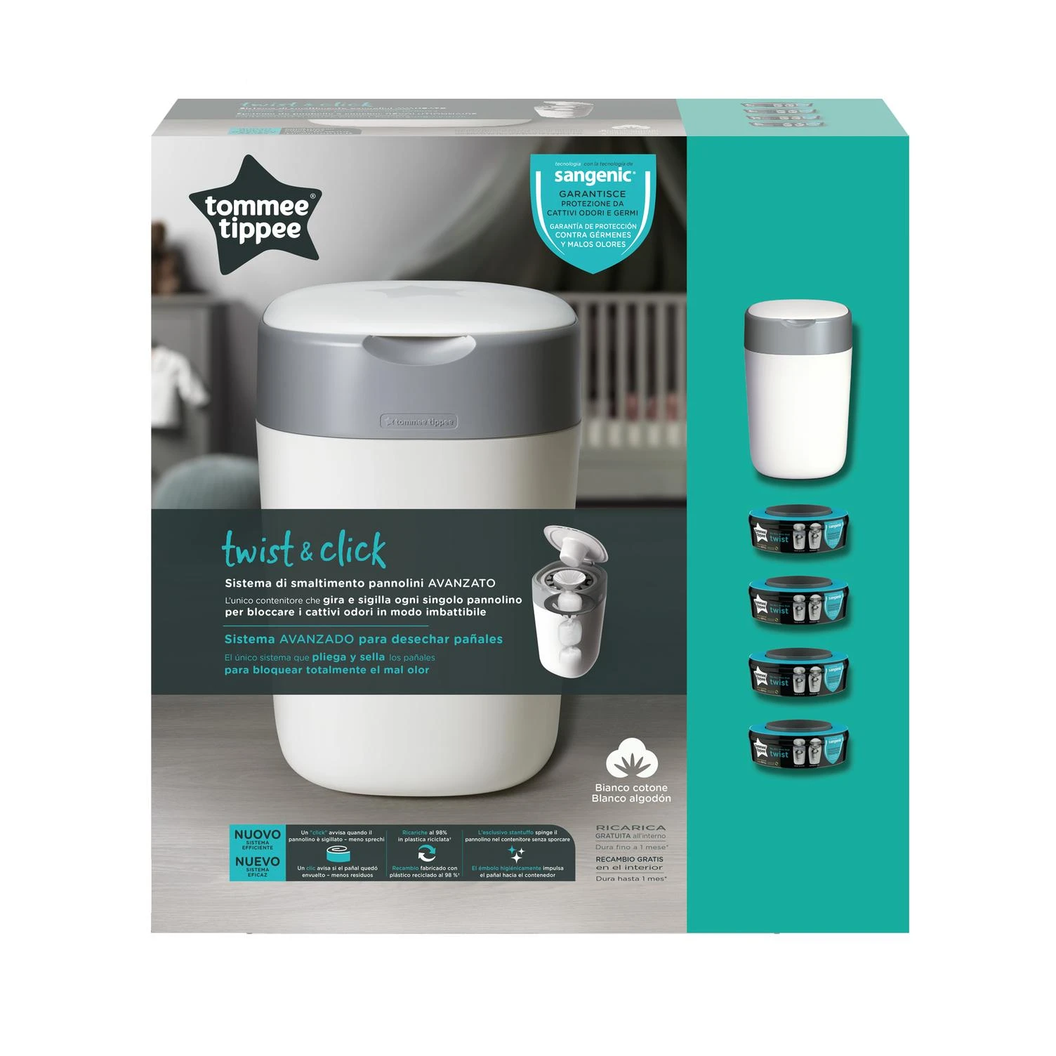 TOMMEE TIPPEE sangenic konteineris sauskelnėms Twist and Click Tub, su 4 kasetėm, 85102002