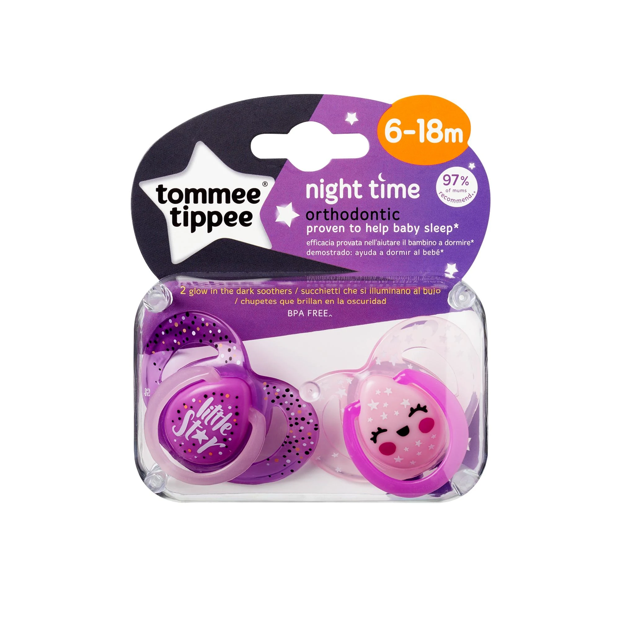 TOMMEE TIPPEE silikoniniai čiulptukai NIGHT STYLE, 6-18 mėn., 2 vnt., 433661