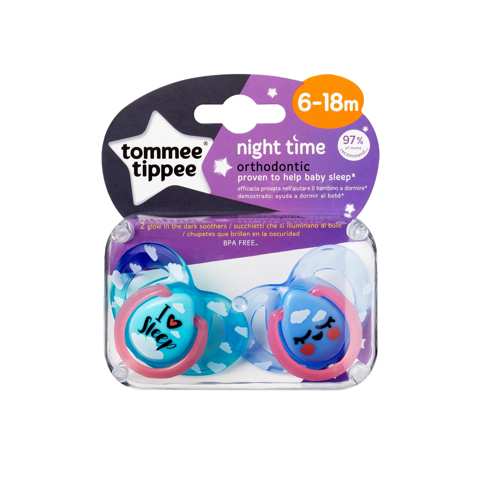 TOMMEE TIPPEE silikoniniai čiulptukai NIGHT STYLE, 6-18 mėn., 2 vnt., 433661
